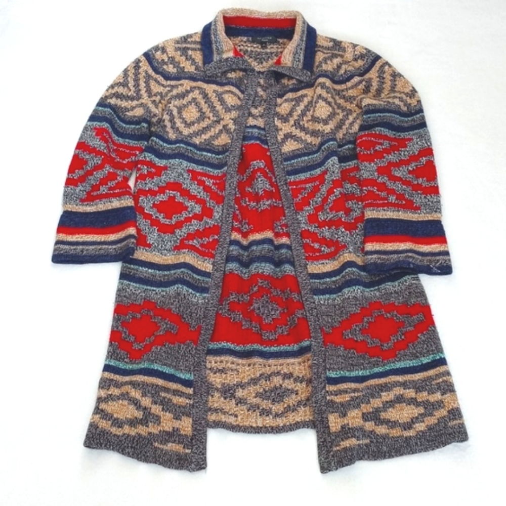 Spense Southwest Artist Style Brown Red Blue 3/4 Sleeve Open Cardigan / Duster M - Picture 10 of 11